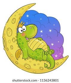 Cute funny dragon on the moon