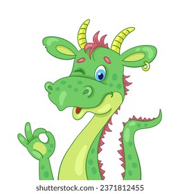 El gracioso dragón se ve bien. Retrato al estilo de las caricaturas. Aislado sobre fondo blanco. Ilustración vectorial. Símbolo de Año Nuevo chino