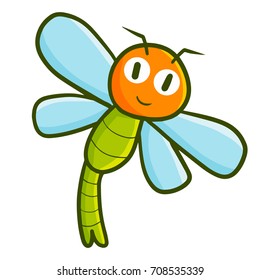 Cute and funny dragonfly flying and smiling - vector.