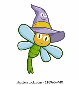 Cute and funny dragonfly wearing witch hat for Halloween - vector.