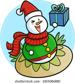 Cute and funny dressed snowman holding christmas present