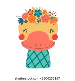 Cute funny duck in floral wreath, t-shirt. Hand drawn cartoon character illustration. Scandinavian style flat design, isolated vector. Kids print element, flower crown, summer blooms, blossoms