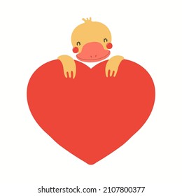 Cute funny duck holding a big heart, isolated on white. Hand drawn vector illustration. Scandinavian style flat design. Concept for kids Valentines day card, holiday print, invite, gift tag, poster.