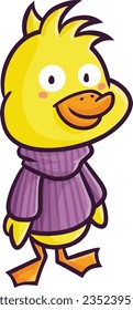 Cute and funny duck with purple sweater cartoon illustration