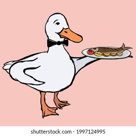 A cute funny duck waiter with a bow tie holding a plate with fried fish with vegetables.