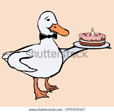 A cute funny duck waiter with a bow tie holding a plate with pink-glased chocolate cake in the wing.
