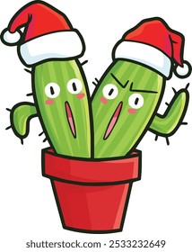 Cute and funny duo cactus cartoon character wearing santa's hat celebrating christmas