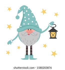 Cute funny dwarf in a cap holding a lantern. The road is lit by a small leprechaun with a beard, gloves and boots. Illustration in flat style.