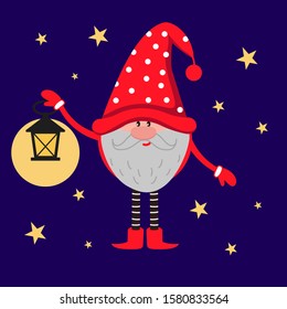 Cute funny dwarf in a cap holding a lantern. The road is lit by a small leprechaun with a beard, gloves and boots. Illustration in flat style.