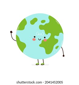 Carácter gracioso del planeta Tierra. Caricatura dibujada a mano del vector icono de ilustración del personaje kawaii. Aislado sobre fondo blanco. Caricatura bebé Planeta Tierra lindo concepto de personaje kawaii