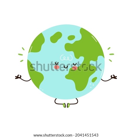 Cute funny Earth planet character meditate. Vector hand drawn cartoon kawaii character illustration icon. Isolated on white background. Cartoon baby Earth planet cute kawaii character concept