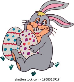 cute and funny Easter bunny with big and colorful eggs
