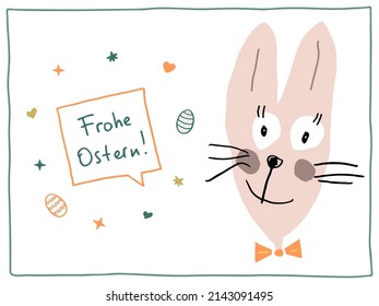 Cute lustige Osterhase mit der Inschrift Frohe Ostern, das heißt Frohe Ostern auf Deutsch. Handgeschriebene Schrift in einer Redeblase mit bemalten Ostereiern, Herz und Sternen.