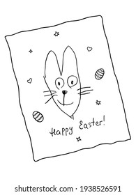 Cute funny Easter Bunny with lettering Happy Easter. A hand-drawn rabbit by a child. Decorated Easter eggs. Cartoon. Doodle. Sloppy sketch. Black and white illustration. Greeting card, invitation.