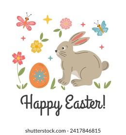 Cute funny Easter bunny, rabbit with egg. Happy Easter greeting card. Holiday festive illustration isolated on white. Easter concept for invitation, postcard, poster, gift tag.