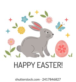 Cute funny Easter bunny, rabbit with egg. Happy Easter greeting card. Holiday festive illustration isolated on white. Easter concept for invitation, postcard, poster, gift tag.