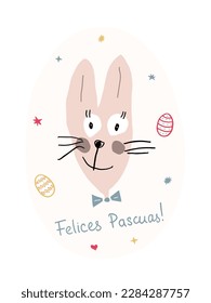 Cute funny Easter Bunny with writing in Spanish Felices Pascuas which means Happy Easter. Painted easter eggs and stars around. Greeting card. Cartoon. Doodle. Template, write your text.