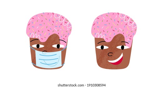 Cute and funny Easter cake character in face medical mask and without it. Smiling pastry character. Vector isolated hand-drawn cartoon style illustration.