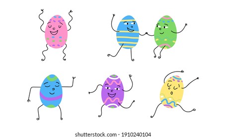 Cute and funny Easter characters party set. Decorated eggs dancing in various poses on their own or in a couple and holding hands, do the pas. Vector isolated hand-drawn illustration.