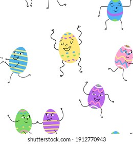 Cute und lustige Osterfiguren feiern nahtloses Muster. Dekorierte Eier, die in verschiedenen Posen allein oder in einem Paar tanzen und Händchen halten, machen die Pas. Vektorgrafik einzeln, handgezeichnet.