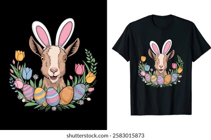 Cute Funny Easter Day Bunny Goat with Easter Egg Basket Farmer T-Shirt