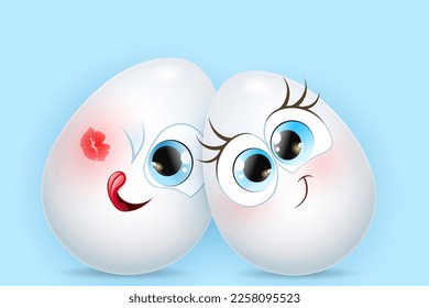 Cute funny Easter egg couple . Boy with red lipstick kiss on his cheek. Valentine's day concept