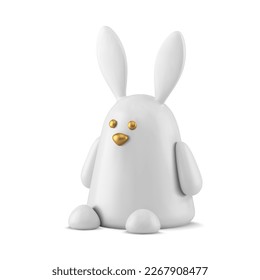 Cute divertido juguete de conejo de Pascua con orejas largas y garras vacacionales presenta diseño decorativo realista 3d ilustración vectorial de icono. Adorable liebre blanca sentada estatua de juegos de cerámica isométrica