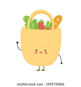 Cute funny eco bag with food products character. Vector hand drawn cartoon kawaii character simple illustration icon. Isolated on white background. Eco bag cartoon character concept