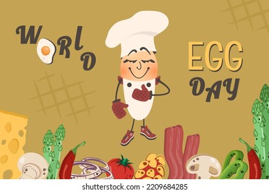 Cute Funny Egg With Cartoon Comic Vegetables, Bacon, Chees, Mushrooms. World Egg Day. Vector Illustration With Cartoon Characters For Poster, Menu, Cafe, Restaurant, Snack Bar, Card,  Holiday Banner