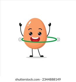 Cute and funny egg doing hula hoop. food doing fitness or sports exercises. Happy character working out vector illustration.