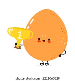 Cute funny egg hold gold trophy cup. Vector hand drawn cartoon kawaii character illustration icon. Isolated on white background. Happy egg with winner trophy cup
