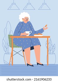 Cute funny elderly woman drinking coffee and eating cookie sitting at table in coffee shop or cafeteria, flat vector illustration. Modern senior people lifestyle.