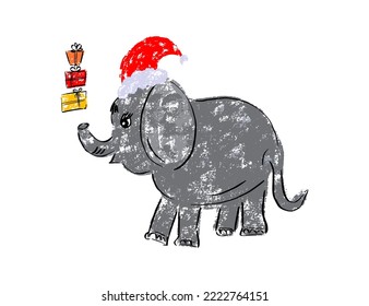 Cute funny elephant with Christmas and New Year gifts in cartoon style. Doodle style. Vector illustration.