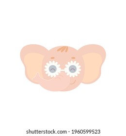 Cute funny elephant face with flower-shaped glasses.The head of a fictional animal character in a summer image.Vector illustration isolated on a white background for kids designs and prints.