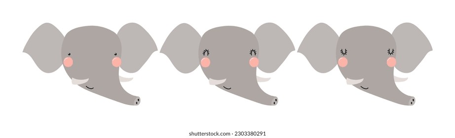 Cute funny elephant faces illustrations set. Hand drawn cartoon character. Scandinavian style flat design, isolated vector. Kids print element, poster, card, wildlife, nature, baby animals