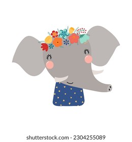 Cute funny elephant in floral wreath, t-shirt. Hand drawn cartoon character illustration. Scandinavian style flat design, isolated vector. Kids print element, flower crown, summer blooms, blossoms
