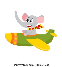 Cute funny elephant pilot character flying on airplane, cartoon vector illustration isolated on white background. Little baby elephant pilot, animal character flying in open airplane