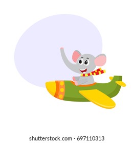 Cute funny elephant pilot character flying on airplane, cartoon vector illustration with space for text. Little baby elephant pilot, animal character flying in open airplane