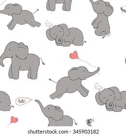 Cute and funny elephant seamless pattern. Pink and grey colors. Vector image.  Ideal for sites, brochures, logos, design, textile, banners etc