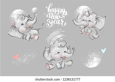 Cute and funny elephant set for winter Chrismas holidays and New Year lettering