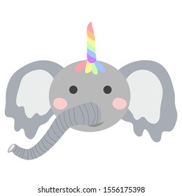 cute funny elephant with a unicorn horn. Scandinavian style flat design. Concept for children print.