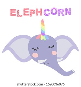 cute funny elephant with a unicorn horn. Scandinavian style flat design. Concept for children print.