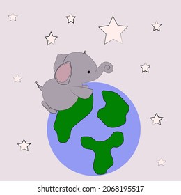 cute funny elephant,with planet, stars,Hand drawn vector illustration. Design concept for children print.