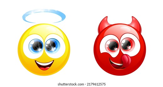 Cute funny emoji angel with nimbus and devil licking lips. 