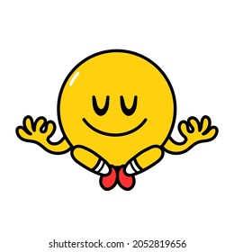 Cute funny emoji smile face meditate in yoga pose. Vector flat line doodle cartoon kawaii character illustration icon. Isolated on white background. Yellow emoji circle character concept