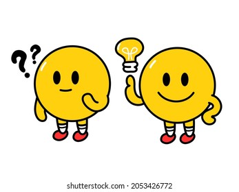 Cute funny emoji smile face with idea lamp and question marks. Vector flat line doodle cartoon kawaii character illustration icon. Isolated on white background. Yellow emoji circle character concept