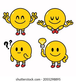 Cute funny emoji smile face. Vector flat line doodle cartoon kawaii character illustration icon. Isolated on white background. Yellow emoji circle character concept