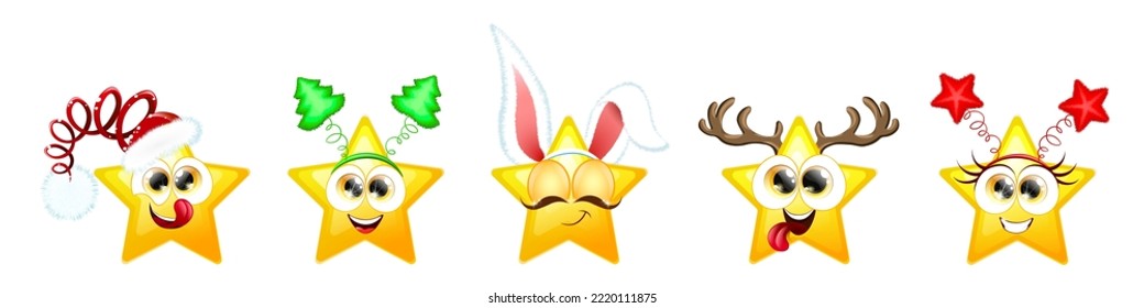 Cute funny emoji stars Christmas vector set. Stars with Santa Claus hat, bunny ears, deer horns, Christmas tree and stars headbands