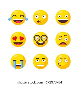 Cute funny emoticons. Set of Emoji. Smile icons. Isolated vector illustration on white background. Emoji flat design, vector illustration