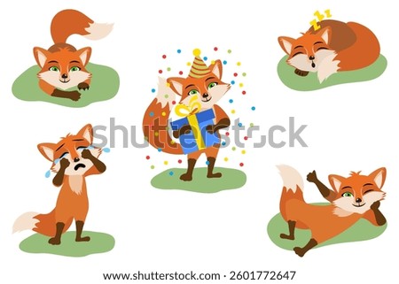 Cute funny emotional fox set. Cute red little fox celebrates his birthday, plays, cries, sleeps. Сartoon animal character. Vector illustration.
